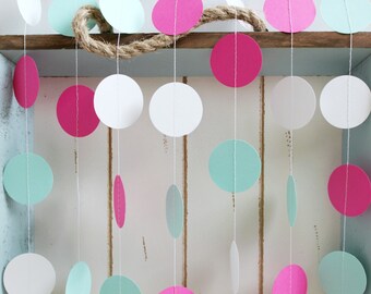 Mint Green, Hot Pink and White 12 ft Circle Paper Garland- Wedding, Birthday, Bridal Shower, Baby Shower, Party Decorations