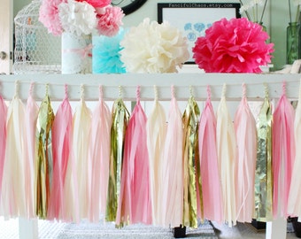 Pink, Cream and Gold Tissue Paper Tassel Garland- Wedding, Birthday, Bridal Shower, Baby Shower, Garden Party Decorations