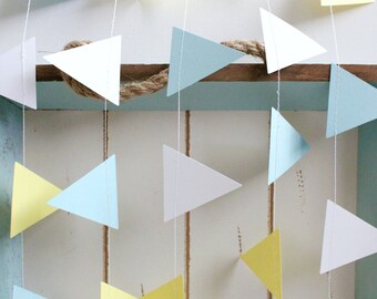 Light Blue, Yellow, White, Grey 10 ft Geo Triangle Paper Garland- Wedding, Birthday, Bridal Shower, Baby Shower, Party Decorations