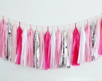 Hot Pink, Light Pink, White and Silver Tissue Paper Tassel Garland- Wedding, Birthday, Bridal Shower, Baby Shower, Valentine's Decorations