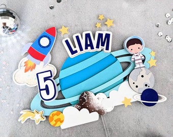 Outer Space Astronaut Cake Topper Birthday Party Decor, Reach Four the Stars, Two the Moon, First Trip Around the Sun, 3D Letter Sign