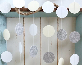 Silver Glitter, White, Cream 10 ft Circle Paper Garland- Wedding, Birthday, Bridal Shower, Baby Shower, Party Decorations