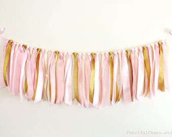 Pink, Ivory Cream and Gold Ribbon Tassel Garland- Wedding, Birthday, Bridal Shower, Baby Shower, Garden Party Decorations