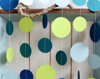 Teal, Navy Blue, Light Blue, Lime Green 12 ft Circle Paper Garland- Wedding, Birthday, Bridal Shower, Baby Shower, Party Decorations