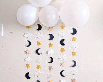 Moon Stars Cloud Rain Drops Shower & White Balloon Clouds Paper Garland Backdrop Wedding, Birthday, Sprinkle Baby Shower, Sky Party Decor