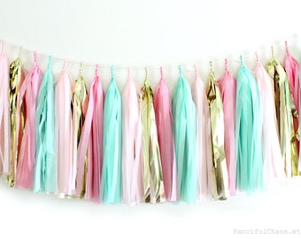 Mint Green, Pink, Gold Tissue Paper Tassel Garland- Wedding, Birthday, Bridal Shower, Baby Shower, Garden Party Decorations