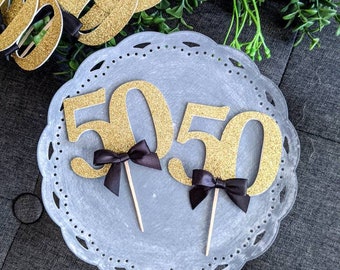 12 Number 50 Gold Cupcake Toppers, 50th Birthday, 50th Year Anniversary Party Decorations