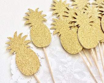 12 Pineapple Gold Glitter Cupcake Toppers, 1st Birthday, Baby Shower, Bridal Wedding, Tropical Party Decorations