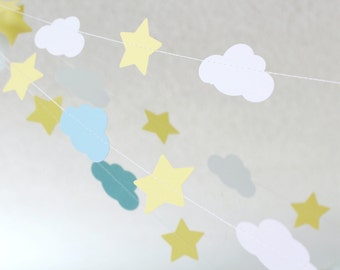 Blue, White, Yellow 10 ft Star and Cloud Paper Garland- Birthday, Baby Shower, Baby Boy Party Decorations