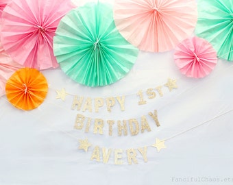 Happy 1st Birthday Gold Glitter Paper Banner Garland- Birthday Party Decorations