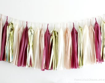 Maroon Burgundy, Cream, Beige Gold Tissue Paper Tassel Garland- Wedding, Birthday, Bridal Shower, Baby Shower, Garden Party Decorations