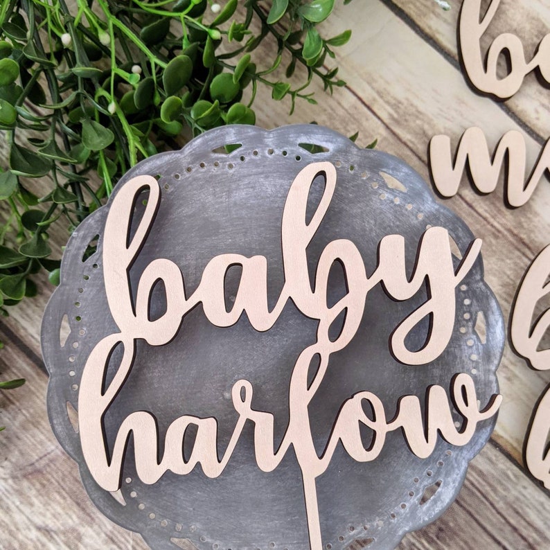 Personalized Name Baby Shower Cake Topper, It's a Girl Boy Baby Shower, Custom Wood Baby Name, Table Centerpiece, Boho Party Decoration image 2