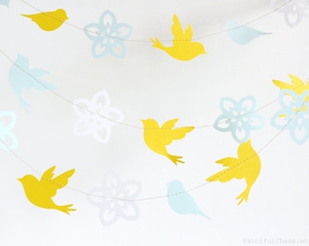 Bird Floral Dahlia Yellow, White, Ice Blue 10 ft Paper Garland- Wedding, Birthday, Baby Shower, Party Decorations, Garden Party, Tea Party