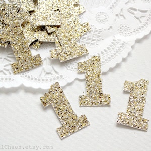 25 Champagne Gold Glitter Number One Die cuts punches cardstock 1.5 inch - 1st birthday, number 1, embellishment, confetti, table decoration