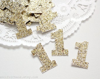 25 Champagne Gold Glitter Number One Die cuts punches cardstock 1.5 inch - 1st birthday, number 1, embellishment, confetti, table decoration