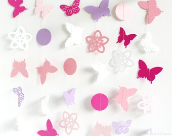 Pink, Purple, White Butterfly Floral Dahlia 10 ft Paper Garland- Wedding, Birthday, Baby Shower, Party Decorations, Garden Party, Tea Party