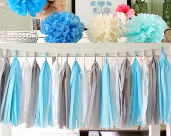 Light Blue, White, Grey Tissue Paper Tassel Garland- Wedding, Birthday, Bridal Shower, Baby Shower, Party Decorations