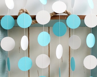 Aqua and White 12 ft Circle Paper Garland- Wedding, Birthday, Bridal Shower, Baby Shower, Party Decorations