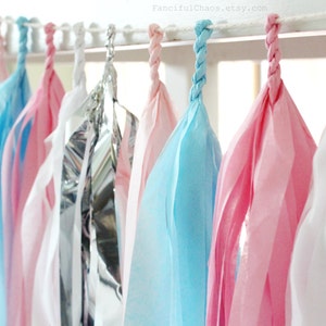 Pink, Light Blue, White and Silver Tissue Paper Tassel Garland Wedding, Birthday, Bridal Shower, Baby Shower, Garden Party Decorations image 2