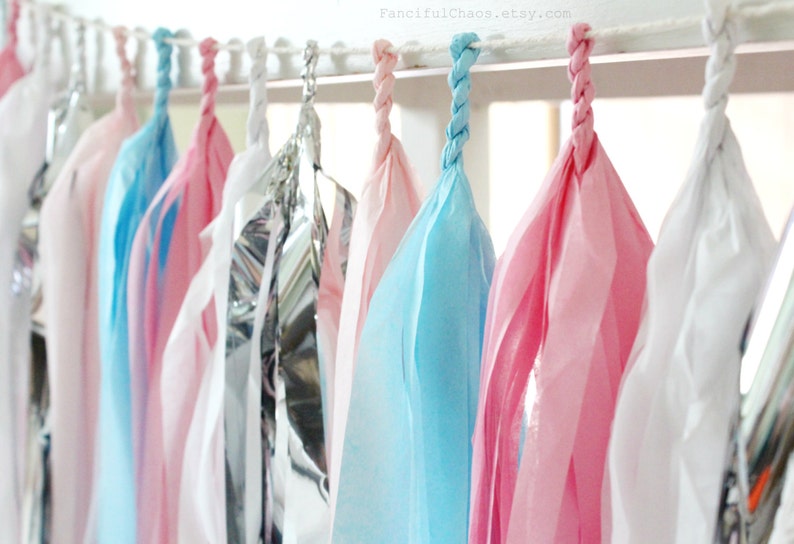 Pink, Light Blue, White and Silver Tissue Paper Tassel Garland Wedding, Birthday, Bridal Shower, Baby Shower, Garden Party Decorations image 2