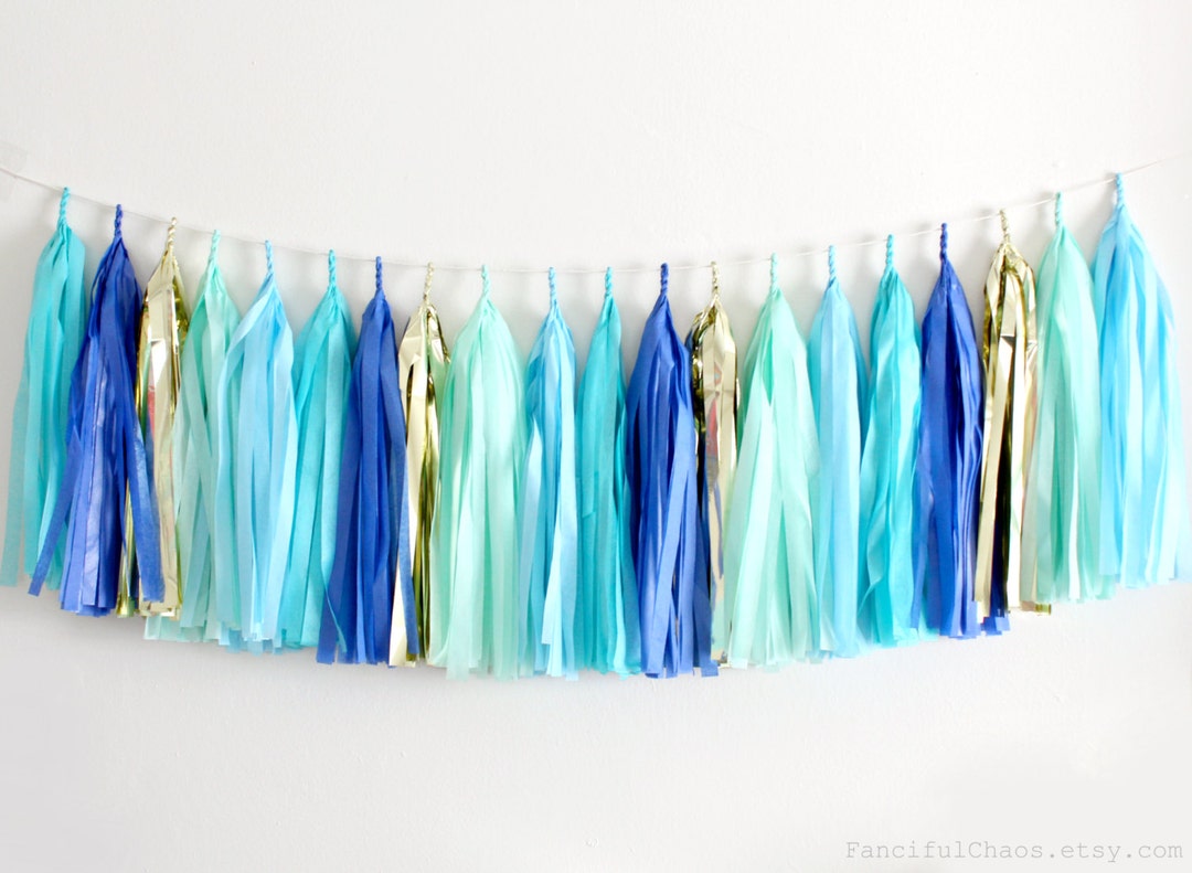 Turquoise, Blue, Light Blue, Mint Green, Gold Tissue Paper Tassel