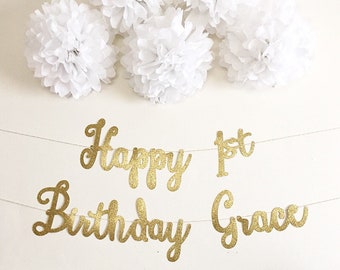 Happy first Birthday Paper Banner Garland, Happy Birthday Sign, 1st Birthday Banner, Gold Party Decor, Custom Name Banner