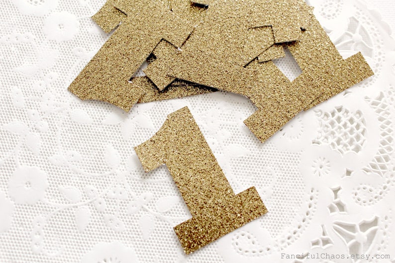 25 Gold Glitter Number One Die cuts punches cardstock 1st birthday, number 1, embellishment, confetti, table decoration image 1