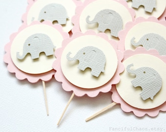 24 Baby Elephant Cupcake Toppers, Girl Baby Shower, Birthday, Party Decorations