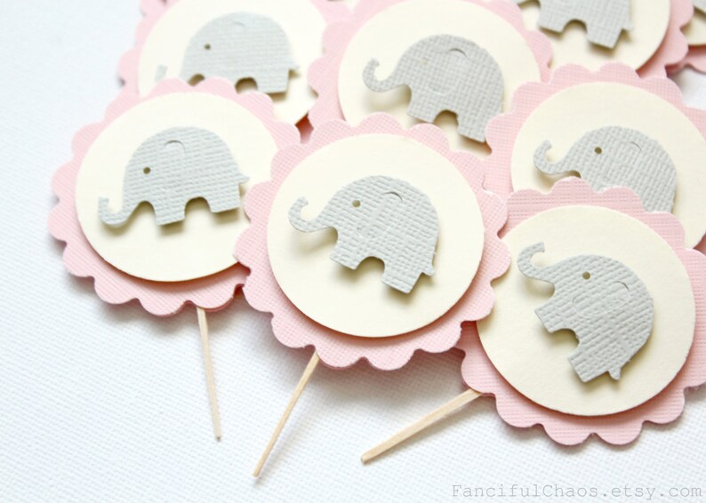 24 Baby Elephant Cupcake Toppers, Girl Baby Shower, Birthday, Party Decorations image 1