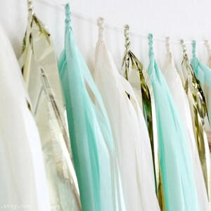 Mint Green, Cream, Gold Tissue Paper Tassel Garland Wedding, Birthday, Bridal Shower, Baby Shower, Party Decorations image 2