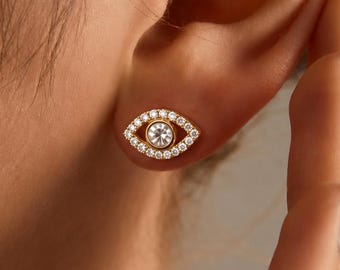 Gold Evil Eye Stud Earrings, Crystal Accented Protection Symbol, Dainty Minimalist Jewelry