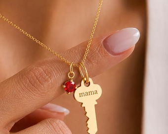 Personalized Gold Key Necklace, Custom Engraved Name, Birthstone Charm, Elegant Jewelry