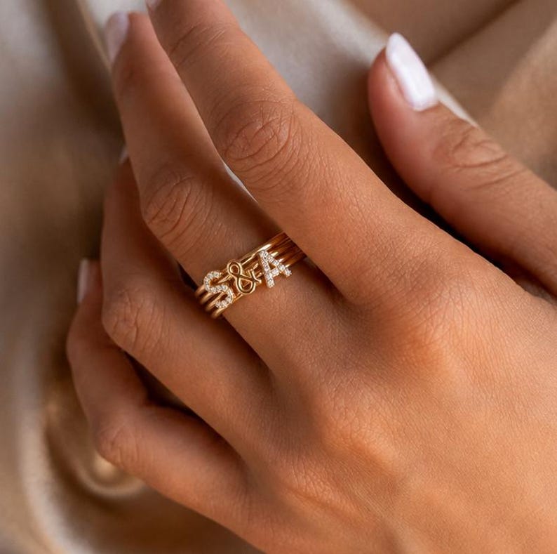 Personalized Name Ring, Custom Initial Letter Ring, Minimalist Gold Plated Initial Letter Ring, Pave Stackable Name Ring, Gift for Her