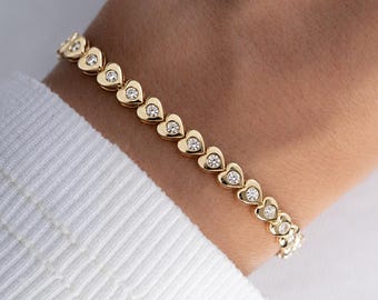 Gold Plated Heart Tennis Bracelet, Cubic Zirconia Sparkle, Anniversary Gift