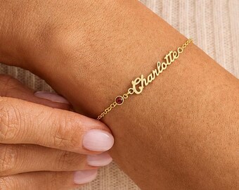 Personalized Name Bracelet with Birthstone, Gold Plated Silver Script Jewelry