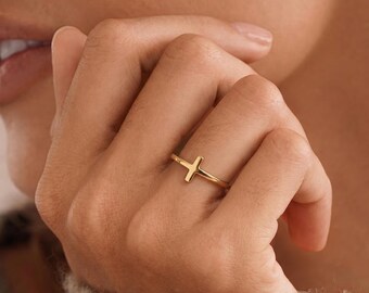 Gold Plated Cross Ring, Minimalist Faith Jewelry, Elegant Stacking Ring