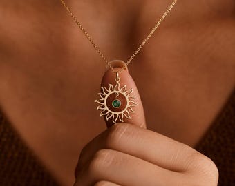 Sunburst Birthstone Necklace, Gold Sun Pendant, Personalized Birthstone Jewelry, Custom Sun Necklace for Women, Celestial Gift