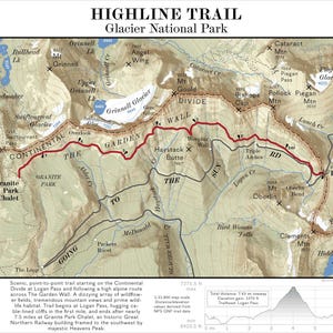 May include: A detailed map of the Highline Trail in Glacier National Park. The map features the trail's path in red, labeled points, and elevation details. Text includes "Highline Trail" and descriptions of the trail's scenic route and features.