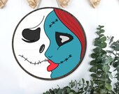 Jack and Sally Halloween Round Door Hanger, Nightmare Wooden Door Sign, Housewarming Gift, Spooky, Halloween Decor - PN1535
