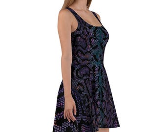 Abstraktes Skater Kleid, Geometric Fit Flare, Modern Art Print, Sommer Casual Statement