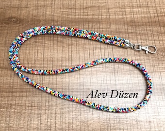 Crochet Seed Bead Lanyard: Colorful Beaded ID Card Holder