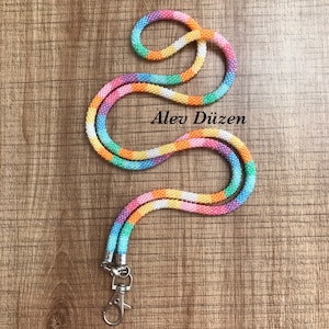 Rainbow Seed Bead Crochet Lanyard: Teacher ID Badge Holder