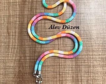 95 cm Rainbow Beaded Crochet  Lanyard, beaded badge holder, beaded lanyard, woman lanyard, ID card holder, teacher nurse lanyard