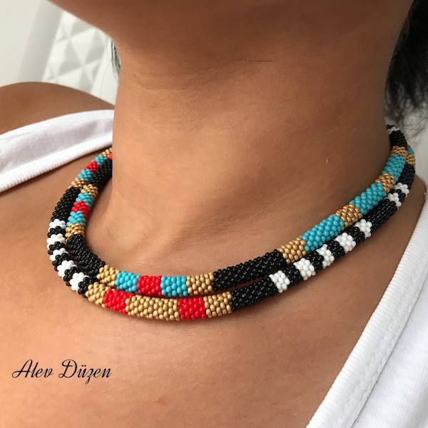 Extra Long Seed Bead Necklace: Black White Ethnic Beadwork