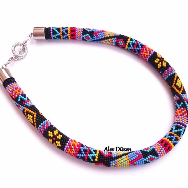 Black Summer Bead Crochet Necklace - Beaded Necklace - Colorful Handmade Beadwork Necklace -  Bead Necklace
