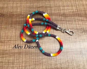 Crocheted Seed Bead Lanyard: Colorful Badge Holder
