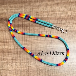 Crocheted Seed Bead Lanyard: Colorful Badge Holder, Teacher ID holder necklace, teacher lanyard, nurse lanyard, id card holder