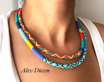 Bead Crochet Necklace: Native Bohemian Style, Turquoise Southwest Beadwork