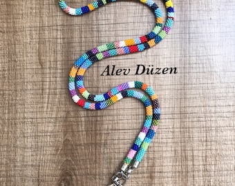 Beaded Crochet  Lanyard, beaded badge holder, beaded lanyard, woman lanyard, ID card holder, teacher nurse lanyard, teacher gift