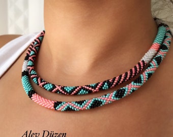 Bead Crochet Necklace: Native Bohemian Style, Turquoise Beadwork